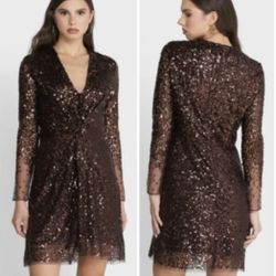 French Connection Sparkle Brown Long Sleeve Sequin Sheath Dress Women’s Sz 6 NWT