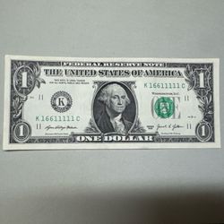 $1 Fancy Serial Bill- Repeating 1’s– (Crisp)