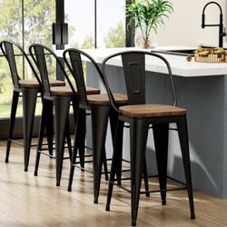 4pcs Metal Bar Stools,30”H Barstools Bar Height Bar Stool with Backs Farmhouse Bar Stools with Large Seat High Back Kitchen Dining Chairs  ,Matte Blac