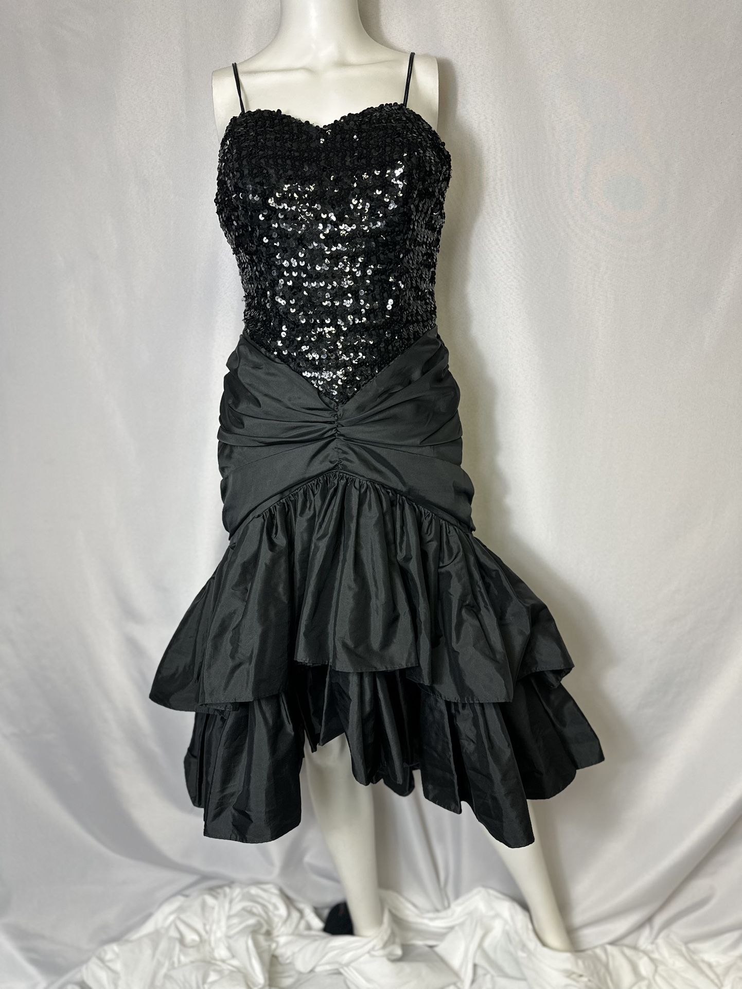 Vtg 80s Black Sequin Taffeta Burlesque Lounge Singer Formal Dress Size Small