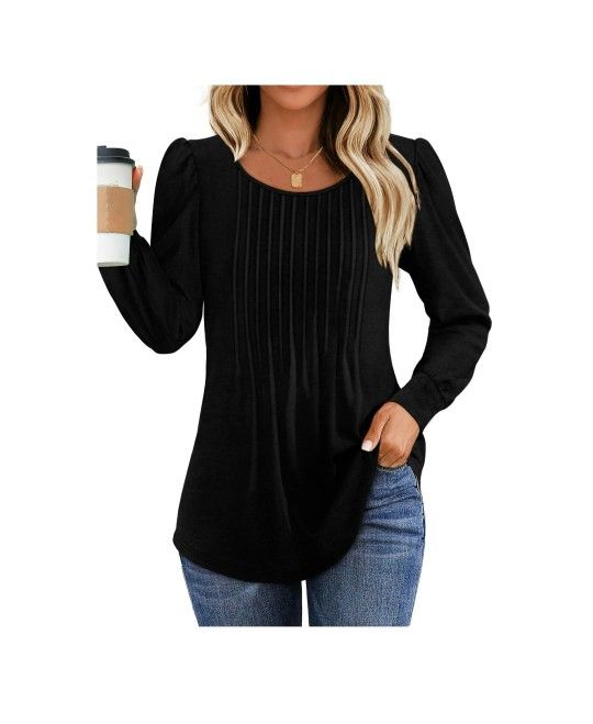 Black pleated blouse Tunic long sleeve size M. (V)