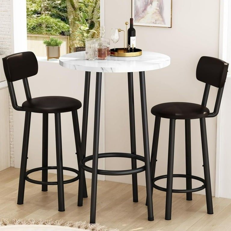 3 Pieces Bar Table Set, Bistro Kitchen Table Sets with 2 PU Leather Bar Stools, Wood Pub Bar Table Set for Breakfast Nook Small Space Restaurant