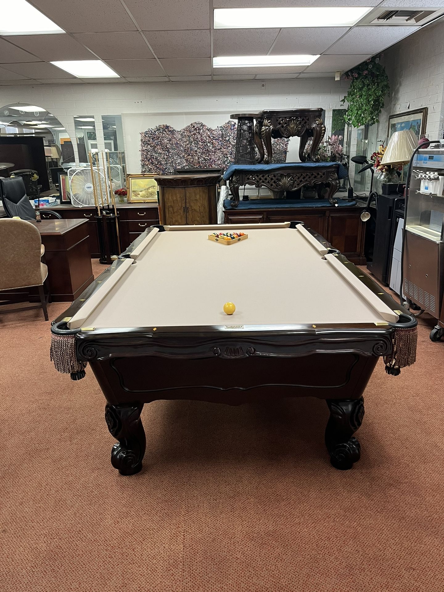 Brunswick Pool Table High End New Orleans Solid Mahog Pearl Inlay Rams Horn Footing 9’x5’ Gorgeous Price Includes Disassemble Delivery and Reassembly