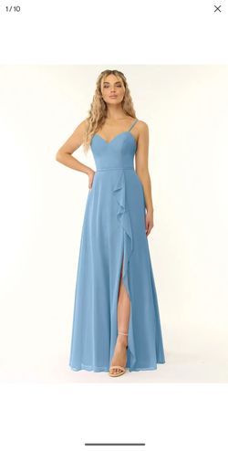 Azazie sz 0 steel blue a line v neck ruffle chiffon floor length dress
