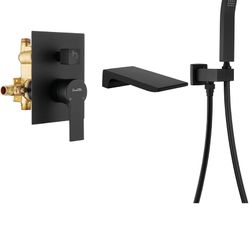SHAMANDA Waterfall Wall Mounted Bathtub Faucet with Hand Shower, Bathroom Single Handle Tub Faucet Modern Brass Tub Shower Faucet Set(Including Rough-