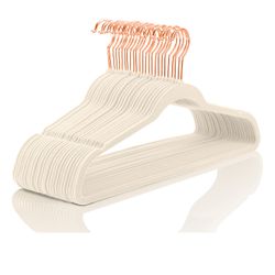 MIZGI Premium Velvet Hangers (50 Pack) Heavy Duty - Non Slip Felt Hangers - Velvet Suit Hanger Ivory - Rose Gold Hooks,Space Saving Clothes Hanger