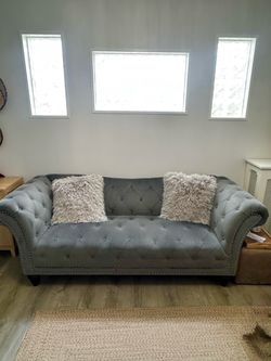 Blue-Gray Velvet Tufted Sofa Set from Cardi’s – Like New