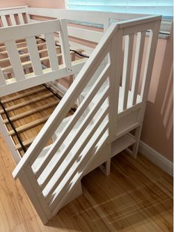 Low Bunk Bed, Twin-Over-Twin Bed Frame For Kids With Stairs, White