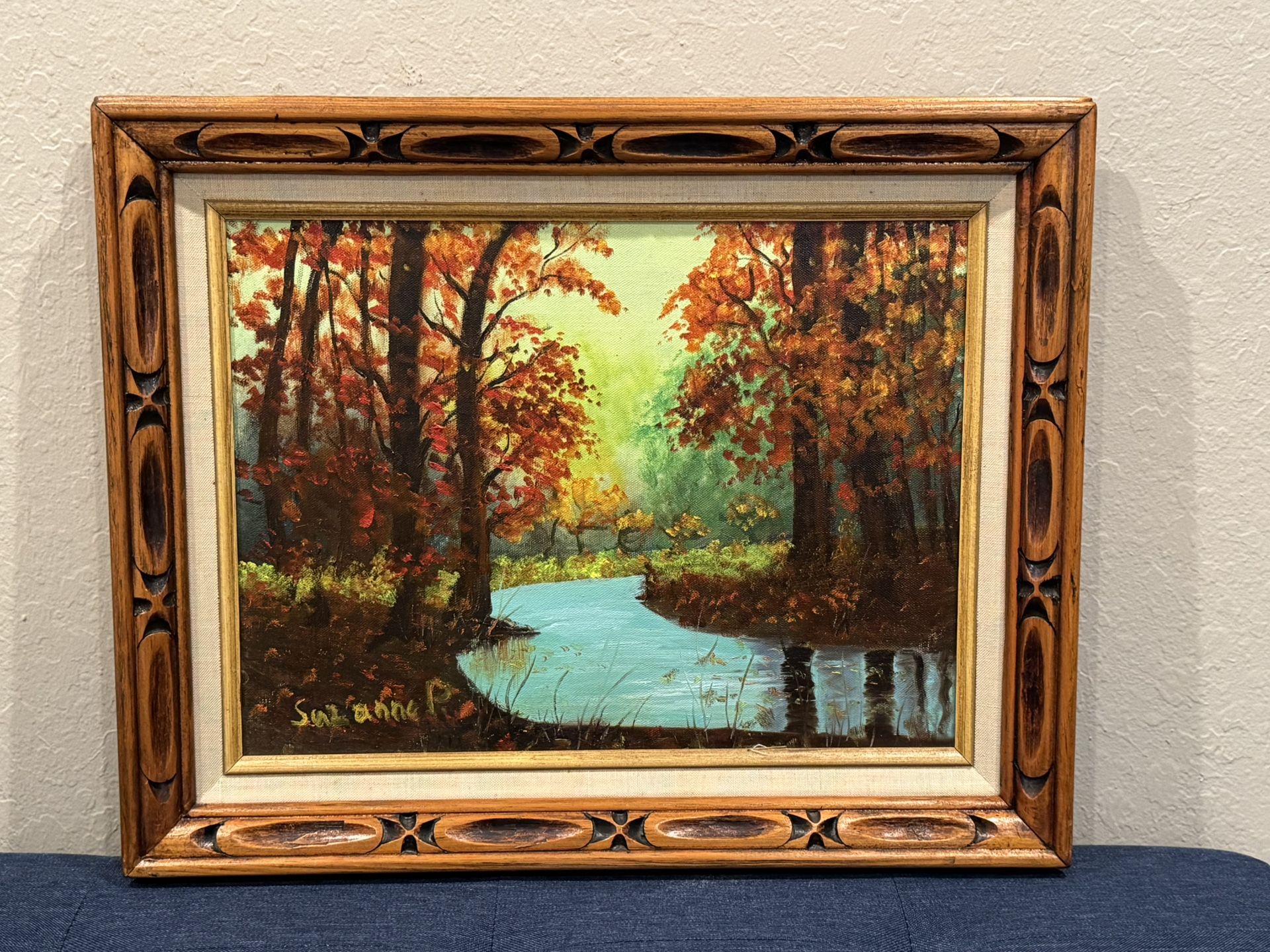 Vintage c1980 Autumn Forest River Oil Painting by Cal. Artist Suzanne Powell