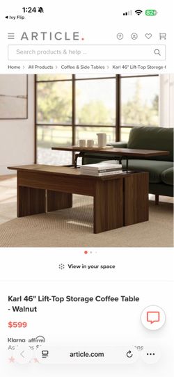 Article Karl 46” Lift-Top Storage Coffee Table - Walnut