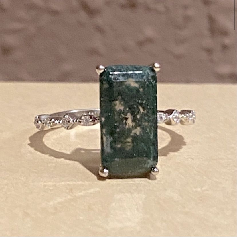 Moss Agate Ring 925 Sz 7