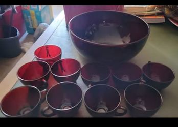 Vintage Ruby Red Punch Bowl and Cups