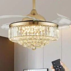 Luxury Smart Ceiling Fan Retractable 42/20 LED 3CCT 6 Speed, Remote/App/Wall, Crystal Gold