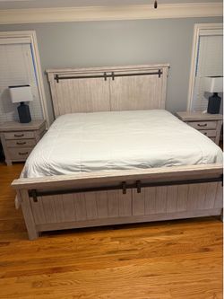 Wood King size bed frame and 2 night stands