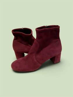 Burgundy Suede Block Heel Ankle Boots