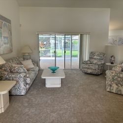 Gorgeous  Living Room Furniture Set. Mint Condition! Never Used. Couch, Loveseat, Recliner, Coffee & End Tables, Lamps, Wall Art+. Ultra Quality. 