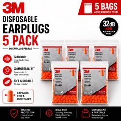 3M Orange Foam Ear Plugs 5 Bags 400 Pairs NRR 32 - NEW Bulk Jobsite Hearing Protection, 92800