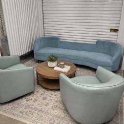 Light Blue Curved Velvet Sofa & 2 Accent Chairs 