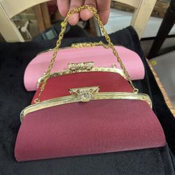 Vintage Red, Pink, Burgundy satin evening purse with a gold filigree clasp and a gold chain handle