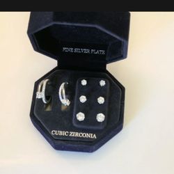 R.H Fine Silver Plate CZ 3pair Stud & 1pair Double Hoop Earrings 