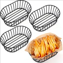 4 Pcs Wire Bread Basket 8.5 x 5.5 Inch Oblong Black Iron Wire Baskets for Serving Fast Food Fruit Burger Fries Hot Dog Kitchen Picnic Barbecue Party