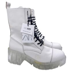 ZARA leather lace-up ivory white combat boots women Size 36/ 6US