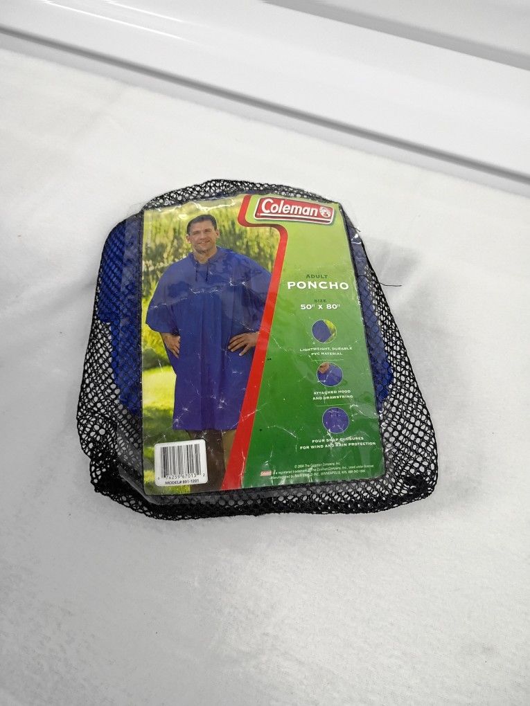 NEW Adult Coleman Rain Poncho Size 50x80", Hood & Snap Closure Blue w/ Pouch