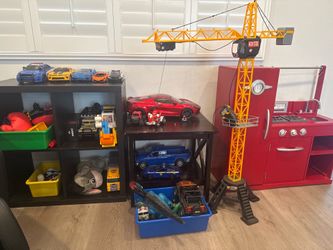 Kids Toy Lot + Storage Shelves + Play Kitchen + Toy Crane