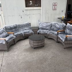 8 Piece Outdoor Patio Furniture Set, Half-Moon Curved Sectional Sofa Rattan Conversation Set with Wood Armrests, Coffee Table & Side Table,Grey