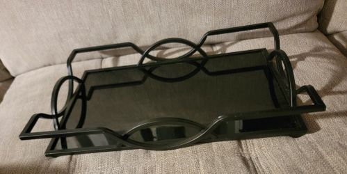Black metal abstract mirrored tray with handles for easy carrying 16" L x 10" W