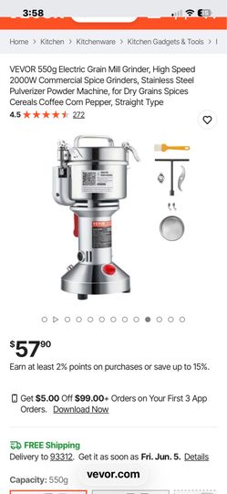 550g Electric Grain Mill Grinder, High Speed 2000W Commercial Spice Grinders, Stainless Steel Pulverizer Powder Machine, for Dry Grains Spices Cereals