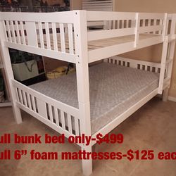Full over Full bunk bed. Dark walnut,grey & white-$499. Full mattresses -$125.00 each. Assembly not included. Taxes included. Free delivery.  Se habla