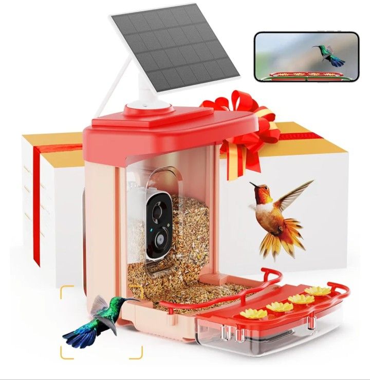 Smart Bird Feeder with Camera Solar Powered, Lifetime Free AI Birds Feeders Camera 2.5K Motion Activated Wireless Outdoor, Hummingbird Feeder Camera f