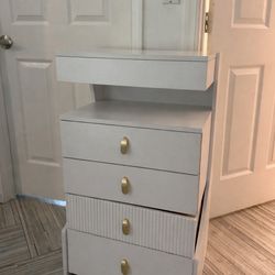 White vanity/nightstand with storage and chair