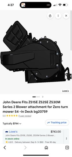 John Deere Fits Z515E Z525E Z530M Series 2 Blower attachment for Zero turn mower 54 -in Deck bg20759