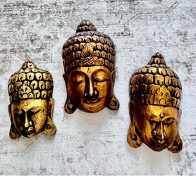 Set of 3 Vintage Indonesian Carved Wood Buddha Wall Masks Gilt Gold