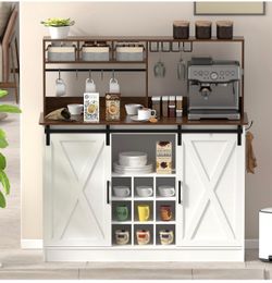 PAKASEPT Coffee Bar Cabinet With Storage, 47" Kitchen Buffet Sideboard With Sliding Barn Door, Adju