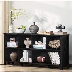 8 Cube Book Shelf, Farmhouse Wood Long Storage Organizer Bookcase, 62" Horizontal Black Console Closet Bookshelf, Hallway TV Stand for Entryway, Displ