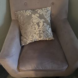 Grey small Sectional, glass table, pink accent chair