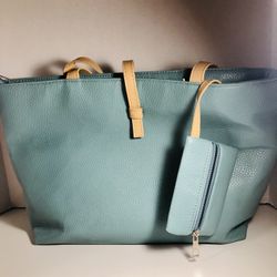 Blue and tan tote with attached coin purse
