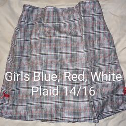 Girls 14/16 Plaid Skirt Blue, Red, White With Rear Elastic Waist And Cute Red Bows On The Sides.