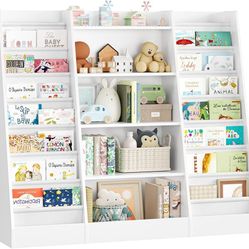 Kids Bookshelf Childrens Bookcase with 14 Sling Fabric Shelves, Book and Toy Organizer, Book Shelf Kids Room Nursery 129.5x35x120cm