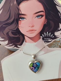 Sterling Silver 925 Necklace with Multi-Color Glass Floral Heart Pendant