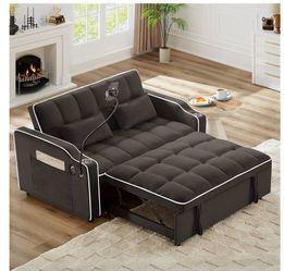 3-in-1 Convertible Loveseat Sleeper Sofa with Cup Holders & Phone Holder, Futon Couch with Pull Out Bed and Adjustable Backrest, Modern Velvet Chaise 