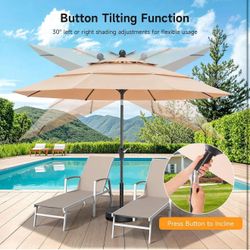10 FT Patio Umbrella, 3 Tier Push Button Tilt, 1.5" Pole, Champagne (No Base) L-5