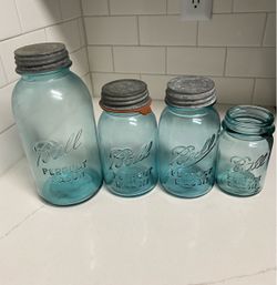 Vintage Ball Perfect Mason Blue Aqua Mason Jars – 4 Size Antique Set w/ Zinc Lids