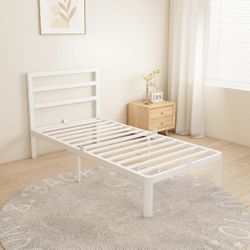 14 Inch Twin Bed Frames, Metal Bed Frame with Head Board, No Box Spring Needed, Heavy Duty Steel, Anti-Slip Mattress Stoppers, Noise Free, Round Corne