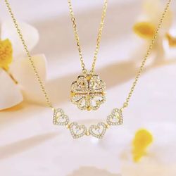 Beautiful Four Leaf Clover Necklace 2-in-1 Heart Pendant Design 14K GP