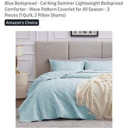 California King Size Quilt Bedding Set Light Blue Bedspread - Cal King Summer Lightweight Bedspread Comforter-Wave Pattern Coverlet for All Season -3 