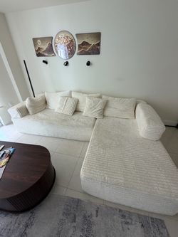 Cream Corduroy Sectional Sofa with Chaise